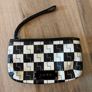 L.A.M.B. Womens Wristlet Clutch Black & White Checkerboard Zip Pouch Small